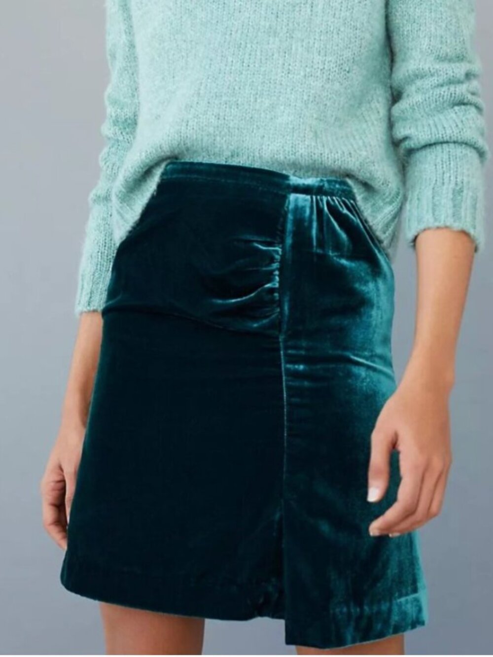 Anthropologie Velvet Mini Skirt Teal Green Ruched Front Womens Size 6 Holiday